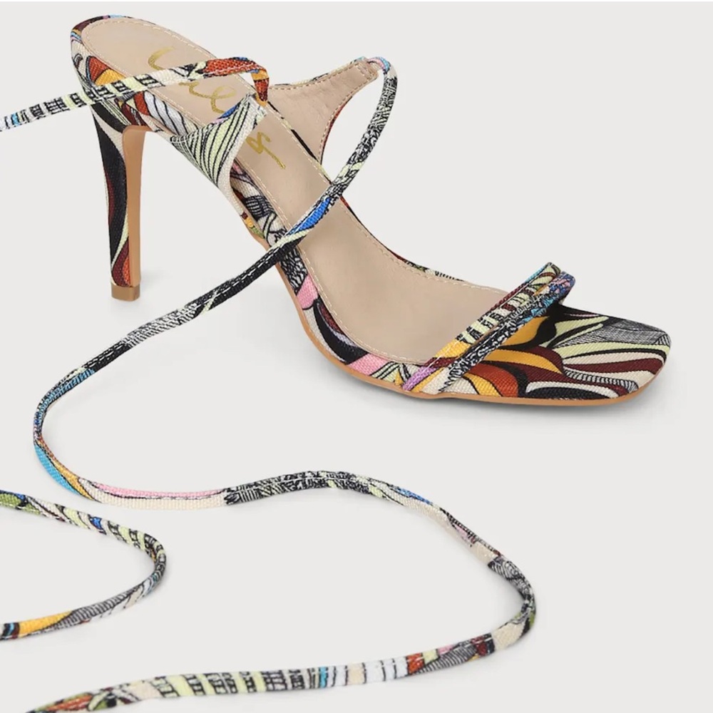 New Lulu's Wiley Multi Print Square toe Lace Up High Heel Sandals size 8 - Picture 3 of 11